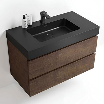 36" Floating Bathroom Vanity with Black Sink, Modern Bathroom Cabinet with Top and Soft Close Drawers, Spacious Storage for Small Space, Walnut - Lavanda Collection