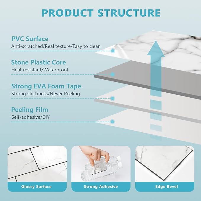 Vamos Tile 100-Piece Glossy Statury White Peel and Stick Backsplash Tile,3''x6'' PVC Subway Tile with Dark Gray Grout, Stick on Backsplash for Kitchen/Bathroom/Fireplace