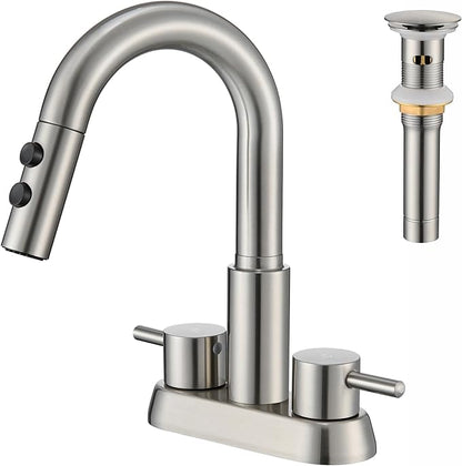 Bathroom Faucet with Sprayer, Brushed Nickel 2 Handles with Pop-Up Drain | Kablle 3 Holes Pull Out 4 inch Centerset Laundry Bar Basin Pull Out Faucet with Pop-Up Drain, KBL-6002BN