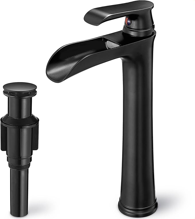 Waterfall Bathroom Sink Faucet, Brass Tall Black Bathroom Faucet Single Handle Vessel Faucet, Bathroom Faucets One Hole Mixer Bowl Tap with Pop-Up Drain Water Hoses for Vanity Lavatory Farmhouse