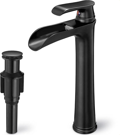 Waterfall Bathroom Sink Faucet, Brass Tall Black Bathroom Faucet Single Handle Vessel Faucet, Bathroom Faucets One Hole Mixer Bowl Tap with Pop-Up Drain Water Hoses for Vanity Lavatory Farmhouse