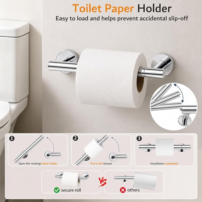 5Piece Polished Chrome Bathroom Hardware Accessories Set, 24" Towel Bar Set | Bathroom Towel Rack Set with Wall Mounted SUS304 Stainless Steel , Double Post Toilet Paper Holder, Towel Ring & Robe Hooks