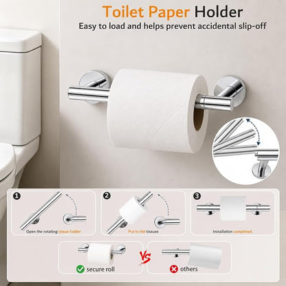 5Piece Polished Chrome Bathroom Hardware Accessories Set, 24" Towel Bar Set | Bathroom Towel Rack Set with Wall Mounted SUS304 Stainless Steel , Double Post Toilet Paper Holder, Towel Ring & Robe Hooks