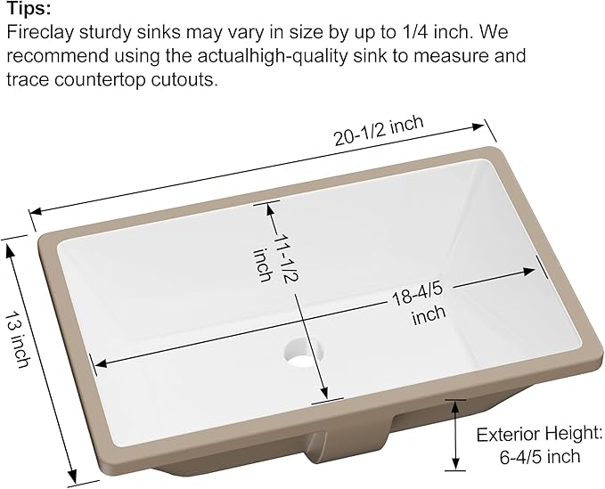 Undermount Bathroom Sink Rectangle, Hugsleek Interior Bowl Size 19 x 12 inch White Porcelain Ceramic Vessel Sink Under Counter Exterior Size 20.5x13in Rectangular Bath Sink Basin Lavatory Fireclay