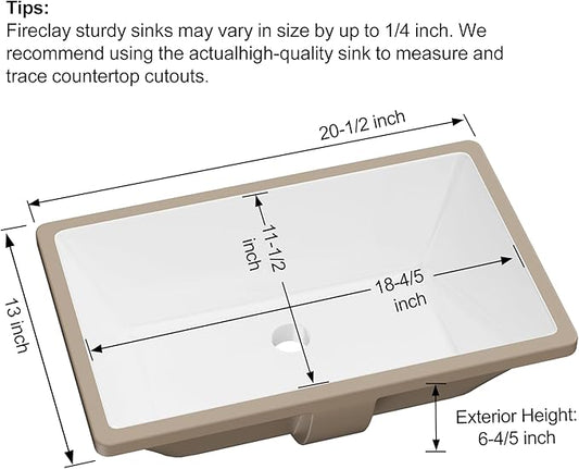 Undermount Bathroom Sink Rectangle, Hugsleek Interior Bowl Size 19 x 12 inch White Porcelain Ceramic Vessel Sink Under Counter Exterior Size 20.5x13in Rectangular Bath Sink Basin Lavatory Fireclay