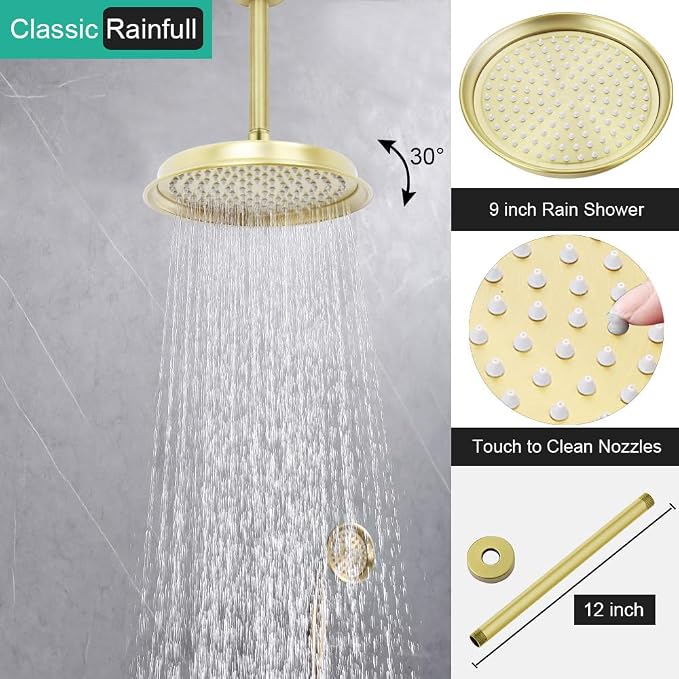 Dual Rain Shower Head System with Handheld Antique Faucet Set | Brushed Gold Finish, Multi-layer Plating, Vintage Rainfall, 3 Way Diverter Brass Valve with Trim Kit, Easy Install