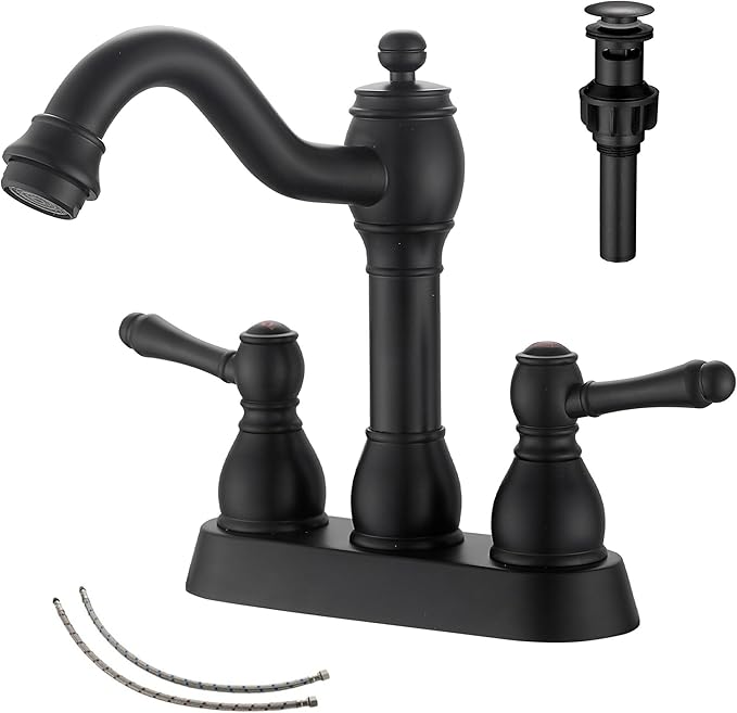 GGStudy Matte Black Bathroom Faucet 2 Handles 4 Inches Centerset RV Black Bathroom Vanity Faucet with Drain Assembly and Supply Hose Lavatory Faucet
