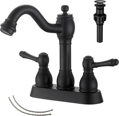 GGStudy Matte Black Bathroom Faucet 2 Handles 4 Inches Centerset RV Black Bathroom Vanity Faucet with Drain Assembly and Supply Hose Lavatory Faucet