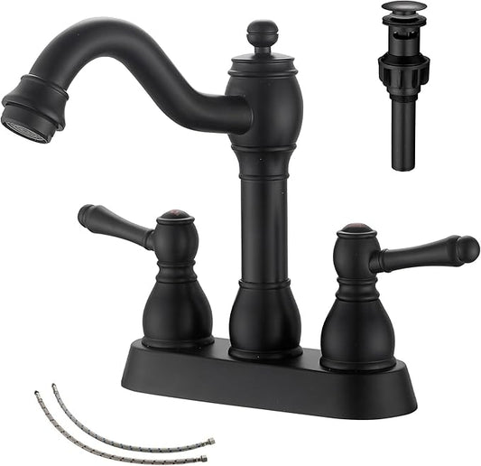 GGStudy Matte Black Bathroom Faucet 2 Handles 4 Inches Centerset RV Black Bathroom Vanity Faucet with Drain Assembly and Supply Hose Lavatory Faucet