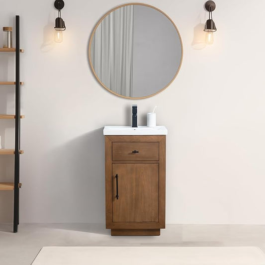 Vanity Art 20 inch Small Bathroom Vanity with Sink, Solid Poplar Wood, Vanity Cabinet with Doors and Removable Shelf, Modern Wood Cabinet with Marble Top, Ceramic Sink, Tan, VA70-20-T