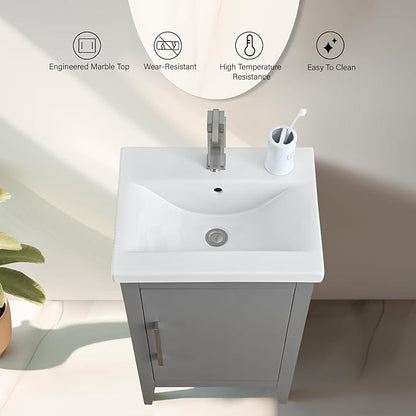 Vanity Art 20 inch Bathroom Vanity with Single Sink & Ceramic Top, Vanity Cabinet with Soft-Closing Doors, Solid Wood Frame, Cashmere Gray, VA9020-G-GB1