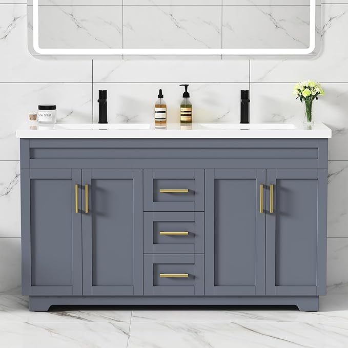 60 Inch Bathroom Vanity with Sink,Modern Solid Wood Bathroom Storage Vanity w/Undermount Double Sink, Quick Assemble Cabinet w/Soft Closing Doors & Full Extension Drawers,Grey