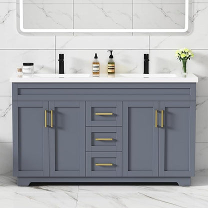 60 Inch Bathroom Vanity with Sink,Modern Solid Wood Bathroom Storage Vanity w/Undermount Double Sink, Quick Assemble Cabinet w/Soft Closing Doors & Full Extension Drawers,Grey