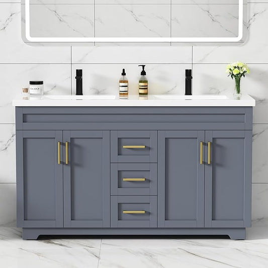 60 Inch Bathroom Vanity with Sink,Modern Solid Wood Bathroom Storage Vanity w/Undermount Double Sink, Quick Assemble Cabinet w/Soft Closing Doors & Full Extension Drawers,Grey