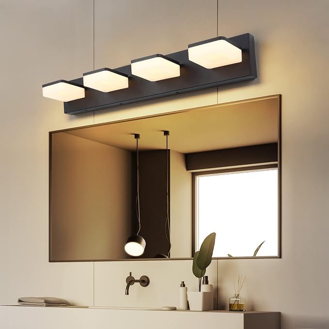 3 Colors Dimmable Black Vanity Lights for Bathroom, LED 4 Light Vanity Lighting Fixtures, Acrylic Stainless Steel Bathroom Light Fixtures over Mirror, Adjustable 3000K/4000K/6000K, 360° Rotate
