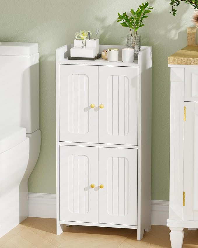 BEWISHOME Small Floor Cabinet,Toilet Paper Storage,Bathroom Storage Cabinet | with 4 Doors and Shelves, Bathroom Organizers and Storage for Small Spaces, White 7.9" D x 14.6" W x 31" H YYG11W
