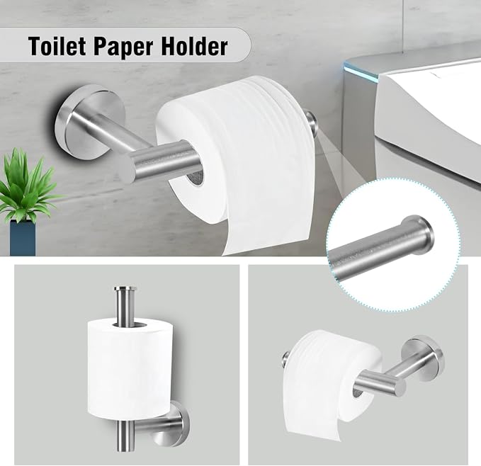5 Piece Modern Style Wall Mounted Bathroom Hardware Set | #304 Stainless Steel, 24" Towel Bar Mount, Towel Rings, L Shape Toilet Paper Holder, Bathrobe Hook (Brushed Nickel)