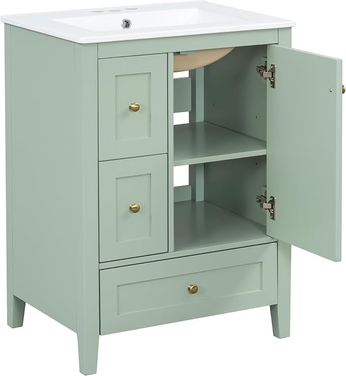 24" Bathroom Vanity with Ceramic Sink,Undermount Single Basin Bath Vanity Set w/3 Drawers and Adjustable Shelf,Modern Freestanding Storage Cabinet,MDF & Rubberwood,Green