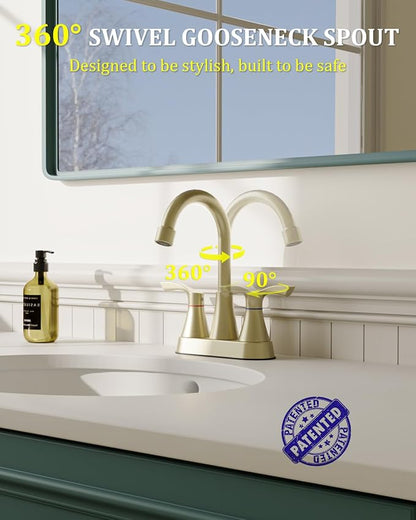 Brushed Gold Bathroom Faucet 3 Hole 4 Inch Bathroom Sink Faucets | Stainless Steel 2 Handle Centerset Faucet for Bathroom Sink Vanity with Pop Up Drain and 4 Supply Hoses by Evolvegoods
