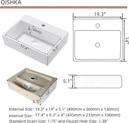 Wall Mounted Bathroom Vessel Sink, QISHKA 19" X 14" Rectangular Floating Ceramic Wash Hand Basin White Wall Hung Vanity Sink for Bathroom and Cloakroom