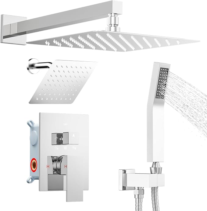 Shower System Shower Faucet Set, STARBATH 12"+6" Wall Mount Rain Shower Head and Handheld Spray for Two Person, Rainfall Shower System with Diverter Valve and Trim Kit Complete,Chrome