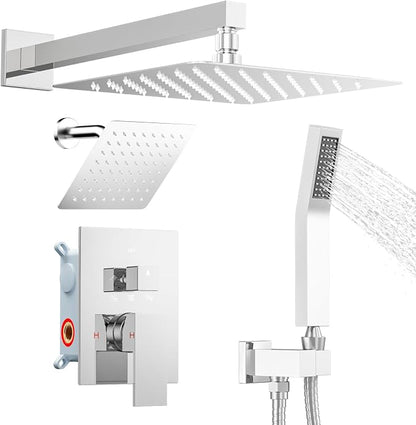 Shower System Shower Faucet Set, STARBATH 12"+6" Wall Mount Rain Shower Head and Handheld Spray for Two Person, Rainfall Shower System with Diverter Valve and Trim Kit Complete,Chrome