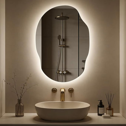 Asymmetrical Bathroom Mirror with Lights, Irregular LED Backlit Vanity Mirror, 31" H x 22" W, Anti-Fog, Dimmable Lighting with 3 Color Temp, Memory, Hardwired, Vertical or Horizontal Mount