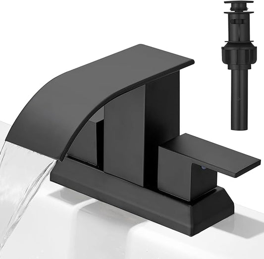 Hoimpro 3 Holes 4 Inch Bathroom Faucet,4" Centerset Vanity Waterfall Bathroom Sink Faucet 2 Hole Two Handles cUPC Supply Hoses Pop Up Drain Matte Black