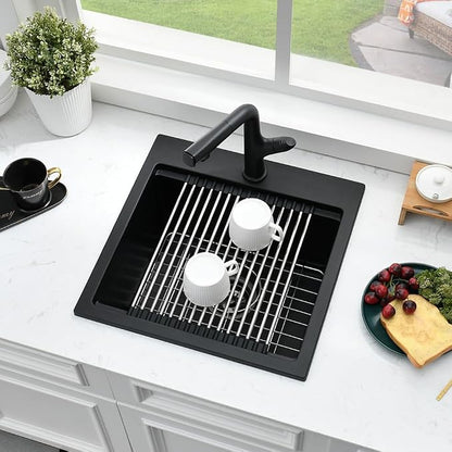 21 Inch Black Drop In Bar Sink Quartz Workstation | 21x20 Drop In Kitchen Sink Matte Black Quartz Composite Small Outdoor Rv Single Bowl Wet Bar Sinks with Cutting Board