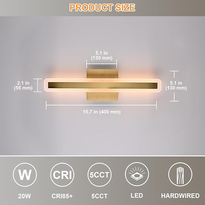 15.7 Inch Modern Bathroom Vanity Light, 20W Dimmable LED Vanity Lights 2700K-5500K, Brushed Brass LED Bar Lights Wall Sconces Bath Light Fixtures Over Mirror for Bathroom Cabinets Bedroom