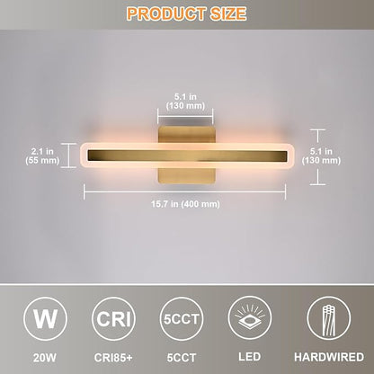 15.7 Inch Modern Bathroom Vanity Light, 20W Dimmable LED Vanity Lights 2700K-5500K, Brushed Brass LED Bar Lights Wall Sconces Bath Light Fixtures Over Mirror for Bathroom Cabinets Bedroom