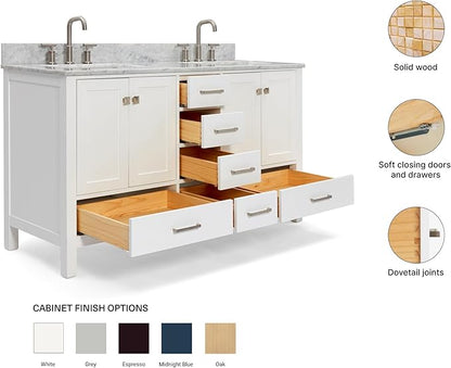 ARIEL Cambridge 60-inch Bathroom Vanity with Sink,Solid Wood, 0.75-inch Italian Carrara Marble Countertop, Double Rectangular Porcelain Sink, 4 Soft Closing Doors, 6 Dovetail Drawers, White