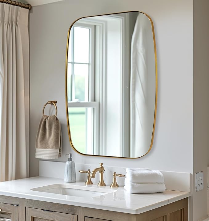 Gold Oblong Mirror, 32x40 Inch Gold Oval Mirror for Bathroom with Stainless Steel Metal Frame, Wall Mouned for Bathroom, Living Room, Entryway