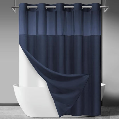SORTTO No Hook Slub Shower Curtain with Liner, 71x74, Navy | Snap in Liner, 3 in 1, Bamboo Texture, Hotel Style, Waterproof Fabric, Mesh Top Window, Corner Magnets, Machine Washable