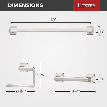 Pfister Vaneri 3-Piece Bathroom Hardware Set with Towel Bar, Towel Ring, and Toilet Paper Holder, Wall-Mounted, Spot Defense Brushed Nickel Finish, BTBVRI3GS