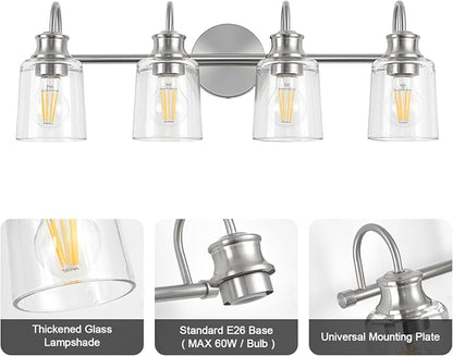 4 Lights Bathroom Light Fixtures Brushed Nickel Vanity Lights | ETL Certificate, Easy to Install,Wall Mount Up or Down,Thickened Glass Lampshade,E26 Socket,Hardwired