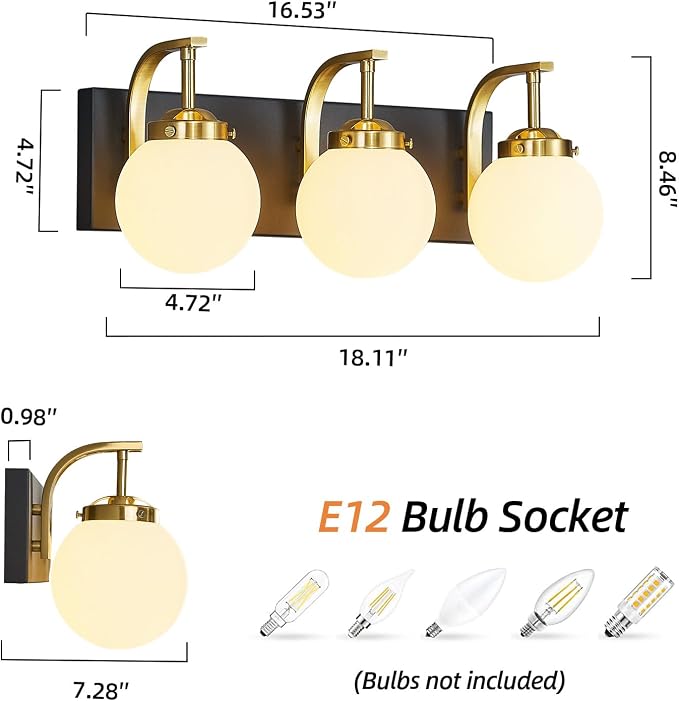 Modern Sand Black-Gold Bathroom Vanity Light Fixtures Over Mirror 3 Light Wall Sconce Vanity Light for Bathroom Lighting