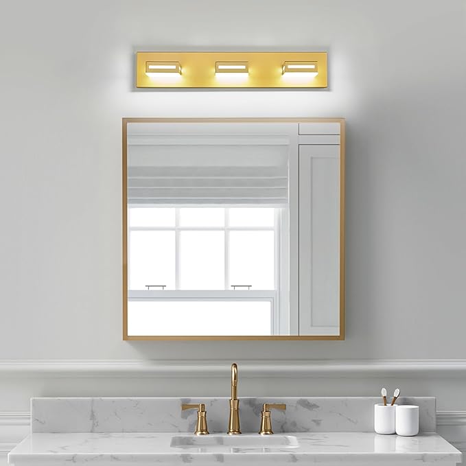 LED Modern Bathroom Light Fixtures, 3-Light 24-Inch Gold Vanity Lights for Bathroom Lighting Fixtures Over Mirror, 350° Rotatable Acrylic, 6000K Cool White Wall Lamp