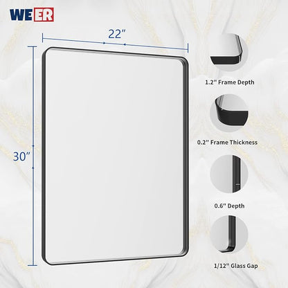 WEER Black Bathroom Mirror 22X30 Inch Metal Framed | Matte Black Bathroom Vanity Mirror, Rounded Rectangle, Tempered Glass, Anti-Rust, Hangs Horizontally or Vertically