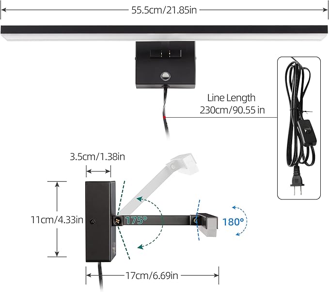MantoLite Plug in Wall Sconces with Switch Dimmable 22inch LED Black Bathroom Wall Light Indoor Lightings Vanity Light with Ajustable Arm Bedside Reading Lamp, Pulg in Display Lamps 6000K 12W