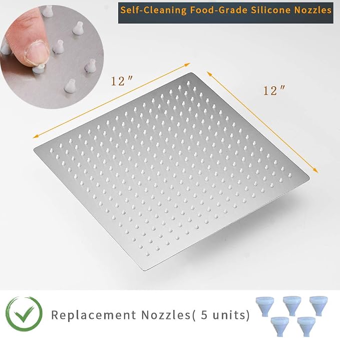 12" Rain Shower Head High Pressure Rainfall Shower Head Brushed Nickel | Square Rain Bathroom Showerhead, High Flow, Large Stainless Steel, Ceiling Mounted, Wall Mounted, Waterfall Full Body