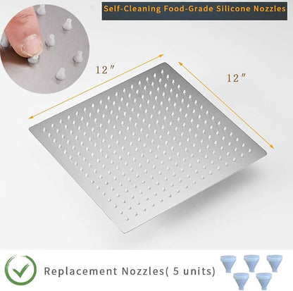 12" Rain Shower Head High Pressure Rainfall Shower Head Brushed Nickel | Square Rain Bathroom Showerhead, High Flow, Large Stainless Steel, Ceiling Mounted, Wall Mounted, Waterfall Full Body