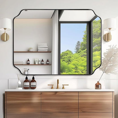 36x48 Inch Large Mirror, Matte Black Rectangle Mirror for Wall, Bathroom Mirror in Premium Stainless Steel Metal Thin Frame Deep 1’’, Unique Rounded Scalloped Edge, Vertically/Horizontally