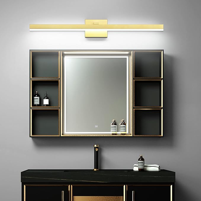 PRESDE Bathroom Light Fixtures Dimmable 32in Gold LED Vanity Light for Bathroom Wall Lighting Fixtures Over Mirror（Cold White 6000K）