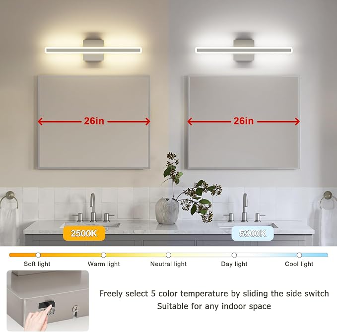 JUSHENG Brushed Nickel Vanity Lights for Bathroom, 5CCT Dimmable Vanity Light Bar, Modern LED Bathroom Lighting Fixtures Above Mirror 24'' Inch 20W