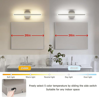 JUSHENG Brushed Nickel Vanity Lights for Bathroom, 5CCT Dimmable Vanity Light Bar, Modern LED Bathroom Lighting Fixtures Above Mirror 24'' Inch 20W