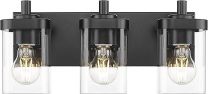 Bathroom Light Fixtures Over Mirror, 3-Light Matte Black Vanity Light with Square Clear Glass Shade, Modern Wall Sconces, Vanity Lighting Fixtures, VL194-MB-3