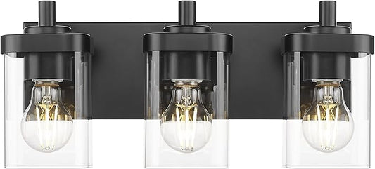 Bathroom Light Fixtures Over Mirror, 3-Light Matte Black Vanity Light with Square Clear Glass Shade, Modern Wall Sconces, Vanity Lighting Fixtures, VL194-MB-3