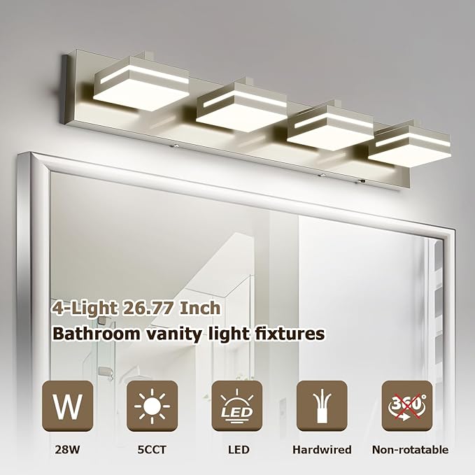Joossnwell Bathroom Vanity Light Brushed Nickel Bathroom Lighting Fixture Over Mirror Modern (4-Light, 26.77-Inch) Dimmable 5CCT Led Bath Vanity Lighs