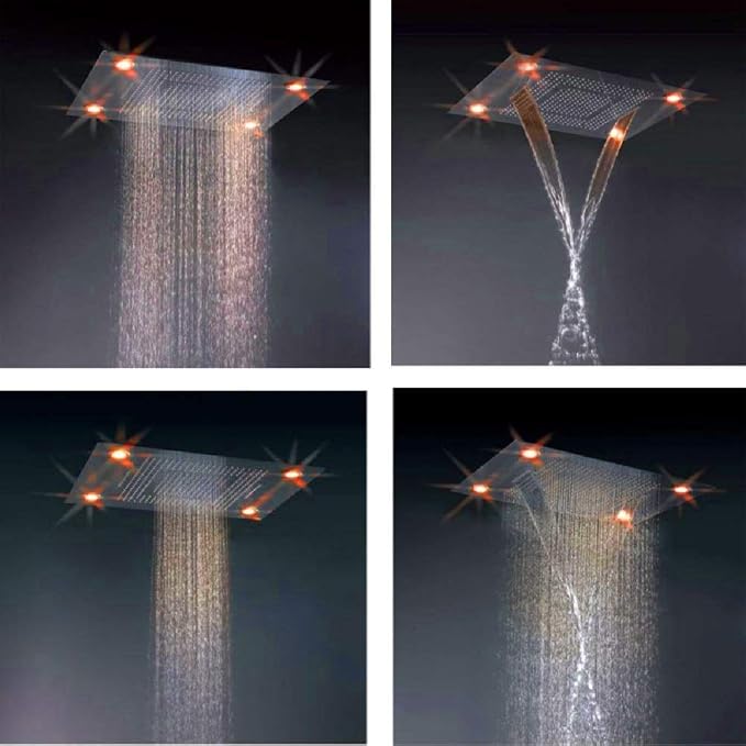 Cascada Classic Design 23”x31” large recessed rain shower head w/4 modes (Rain+ Water Curtain + Waterfall + Mix) with remote control for multi-color LED light (NON Music, Brushed Gold)